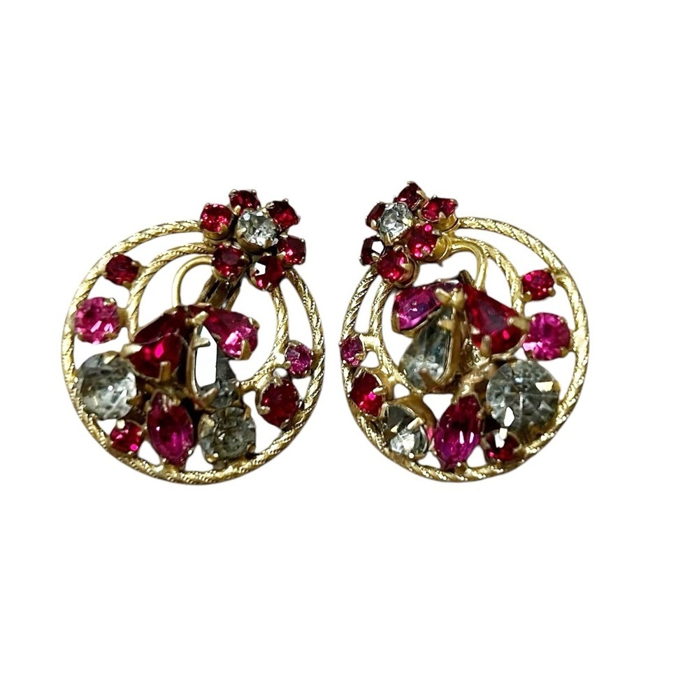 Vintage Earrings Signed Vendome  Clip On Flower Red Pink Rhinestones Gold Tone